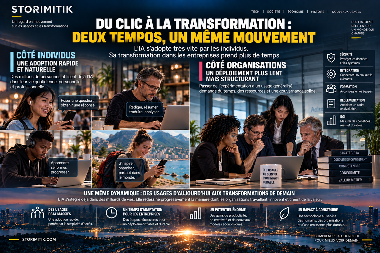 Illustration STORIMITIK opposant la rapidité de l’adoption individuelle de l’IA au temps nécessaire à la transformation des organisations.