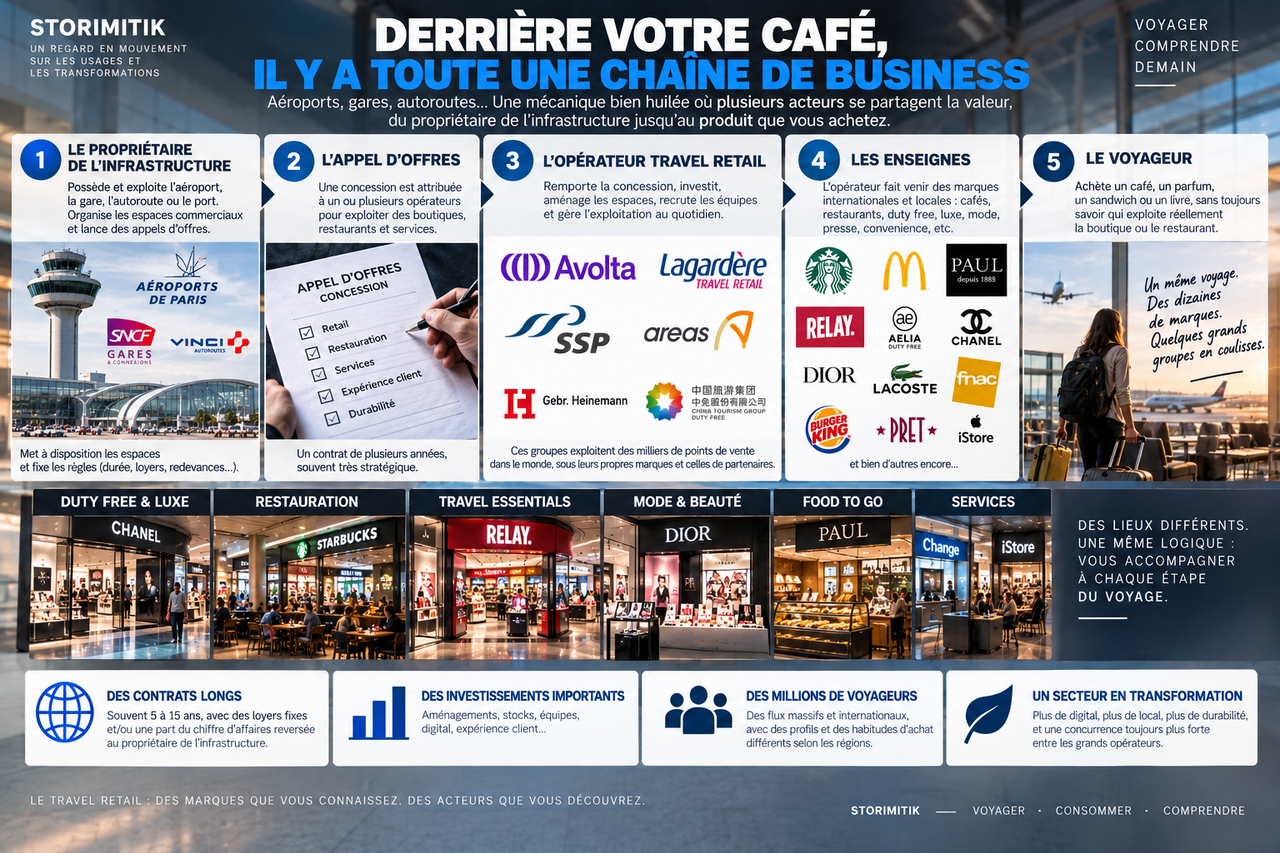 Schéma éditorial STORIMITIK expliquant la chaîne économique d’une concession de travel retail, du propriétaire de l’infrastructure au voyageur.