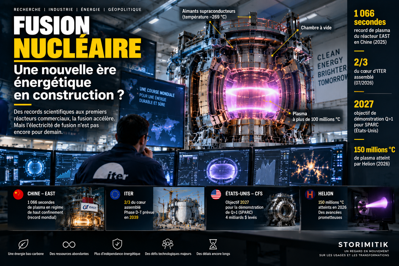 Illustration éditoriale STORIMITIK d’un tokamak de fusion nucléaire et d’une salle de contrôle, avec annotations pédagogiques sur le plasma, les aimants et les projets mondiaux.