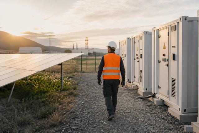 Illustration générée par IA : technicien circulant entre des panneaux solaires et des unités de stockage par batteries.