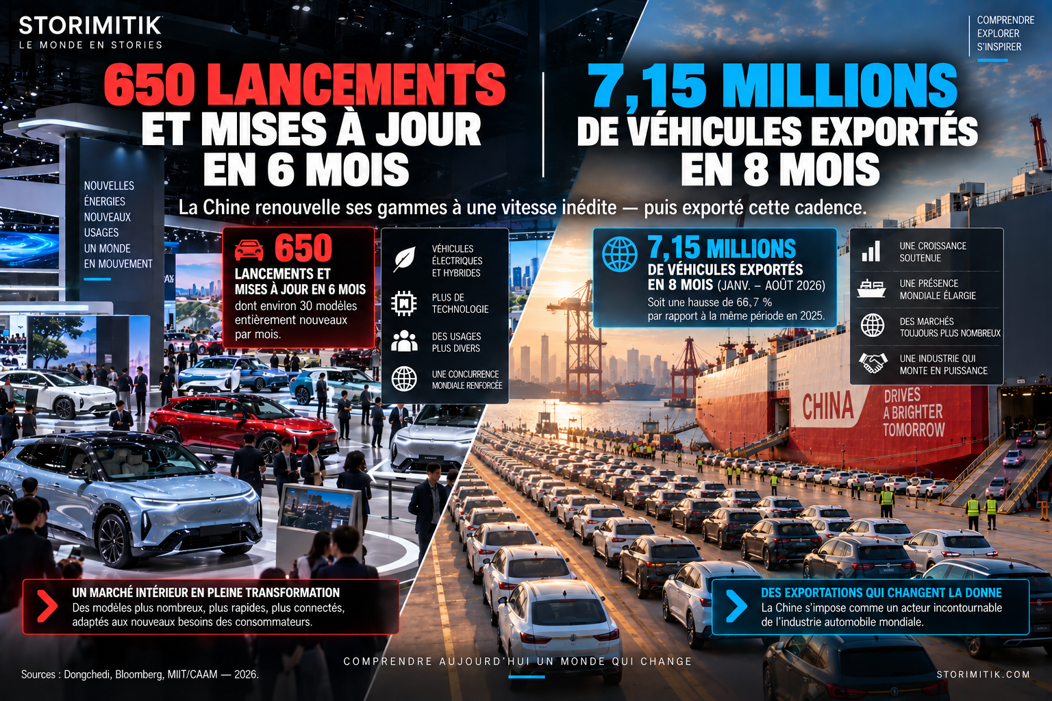 Illustration STORIMITIK montrant un salon automobile chinois et un port d’exportation de véhicules.
