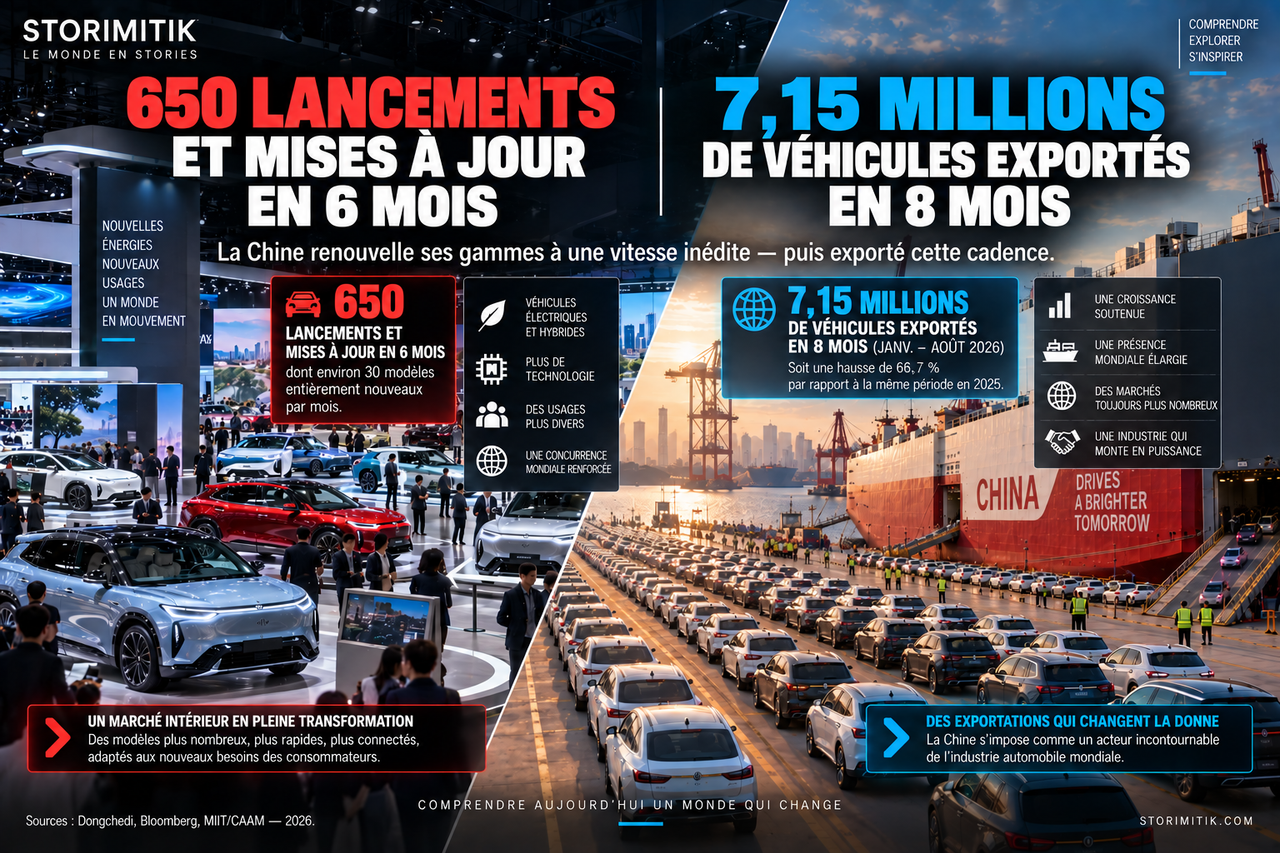 Illustration STORIMITIK montrant un salon automobile chinois et un port d’exportation de véhicules.