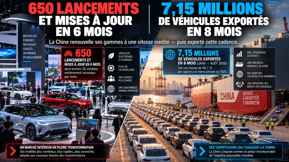 Illustration STORIMITIK montrant un salon automobile chinois et un port d’exportation de véhicules.