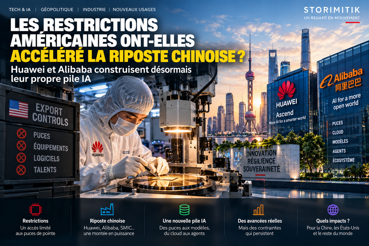 Illustration éditoriale STORIMITIK montrant un environnement de fabrication de semi-conducteurs face aux contrôles américains et à la montée en puissance de Huawei et Alibaba.
