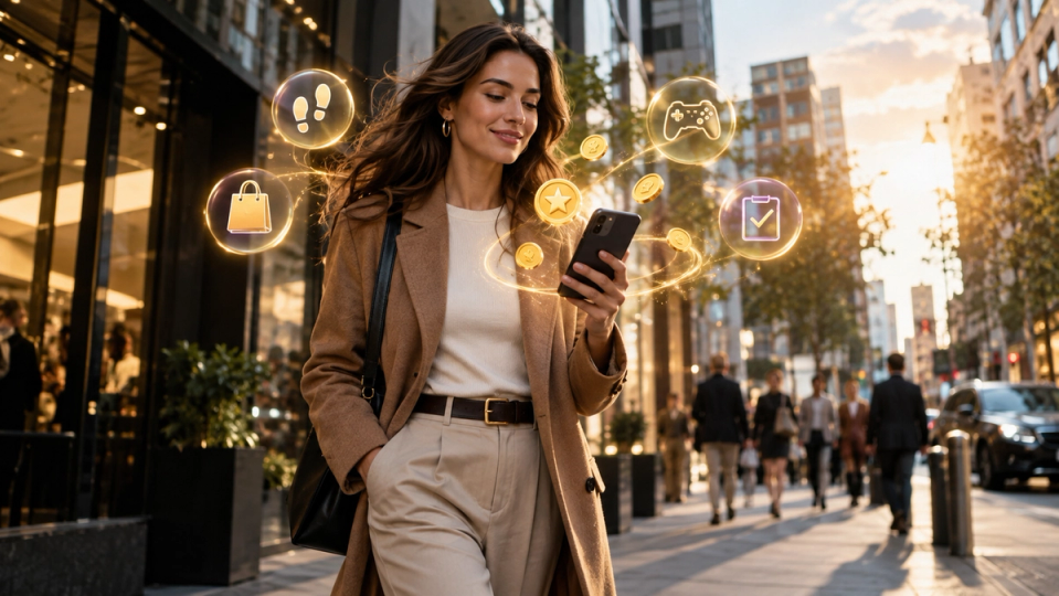 Illustration éditoriale d’une utilisatrice marchant en ville avec un smartphone entouré de symboles de récompenses.