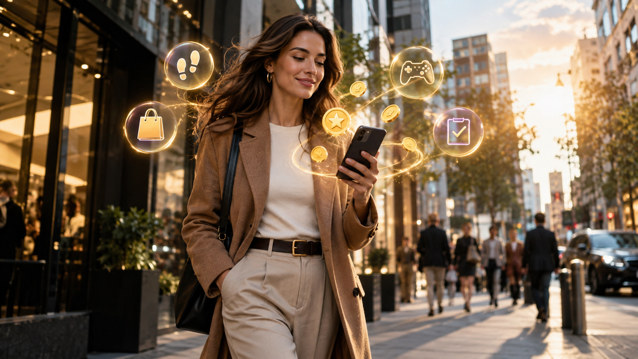 Illustration éditoriale d’une utilisatrice marchant en ville avec un smartphone entouré de symboles de récompenses.