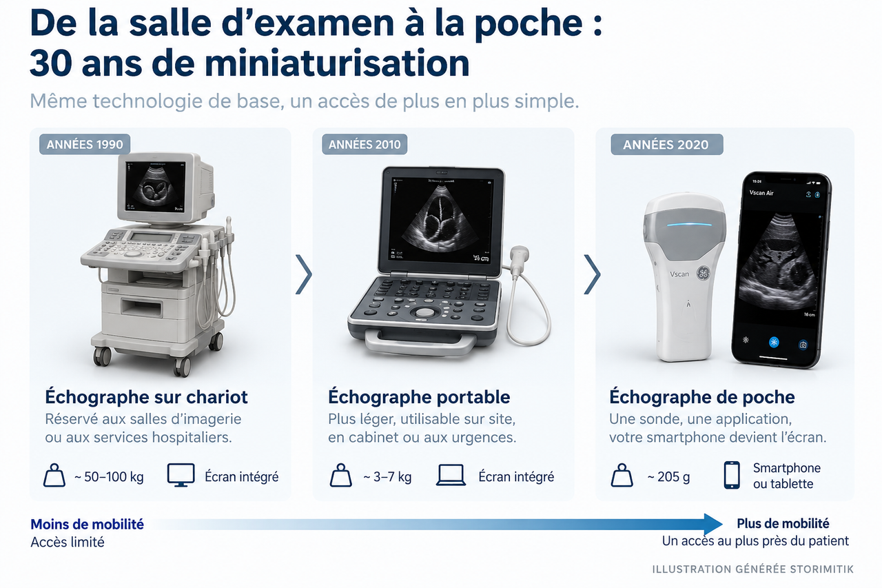 Infographie illustrant l’évolution de l’échographe sur chariot vers une sonde de poche reliée à un smartphone.