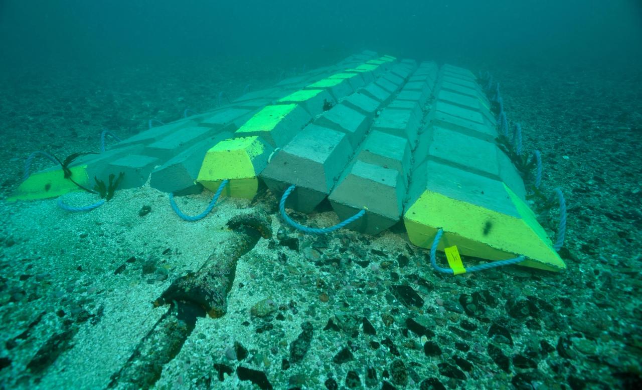 Sous l’eau, un long dispositif formé de blocs de béton lestés recouvre un câble sur le fond marin.