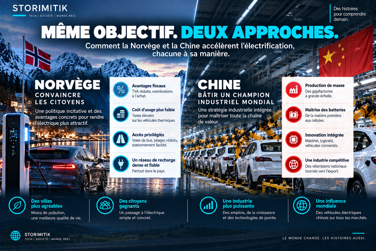 Infographie STORIMITIK expliquant les mécanismes d’électrification : incitations et avantages d’usage en Norvège, politique industrielle et chaîne de valeur en Chine.