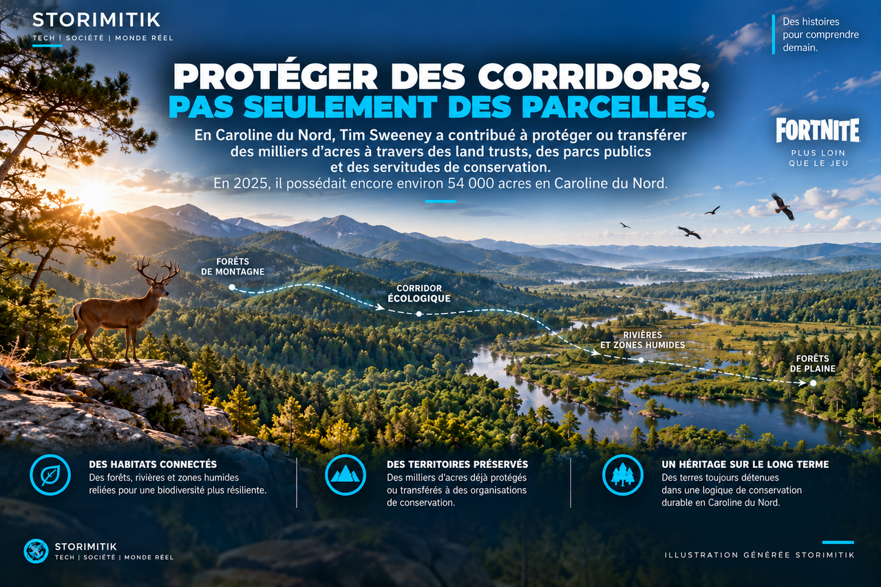 Illustration STORIMITIK d’un corridor écologique reliant forêts de montagne, rivières, zones humides et forêts de plaine en Caroline du Nord.