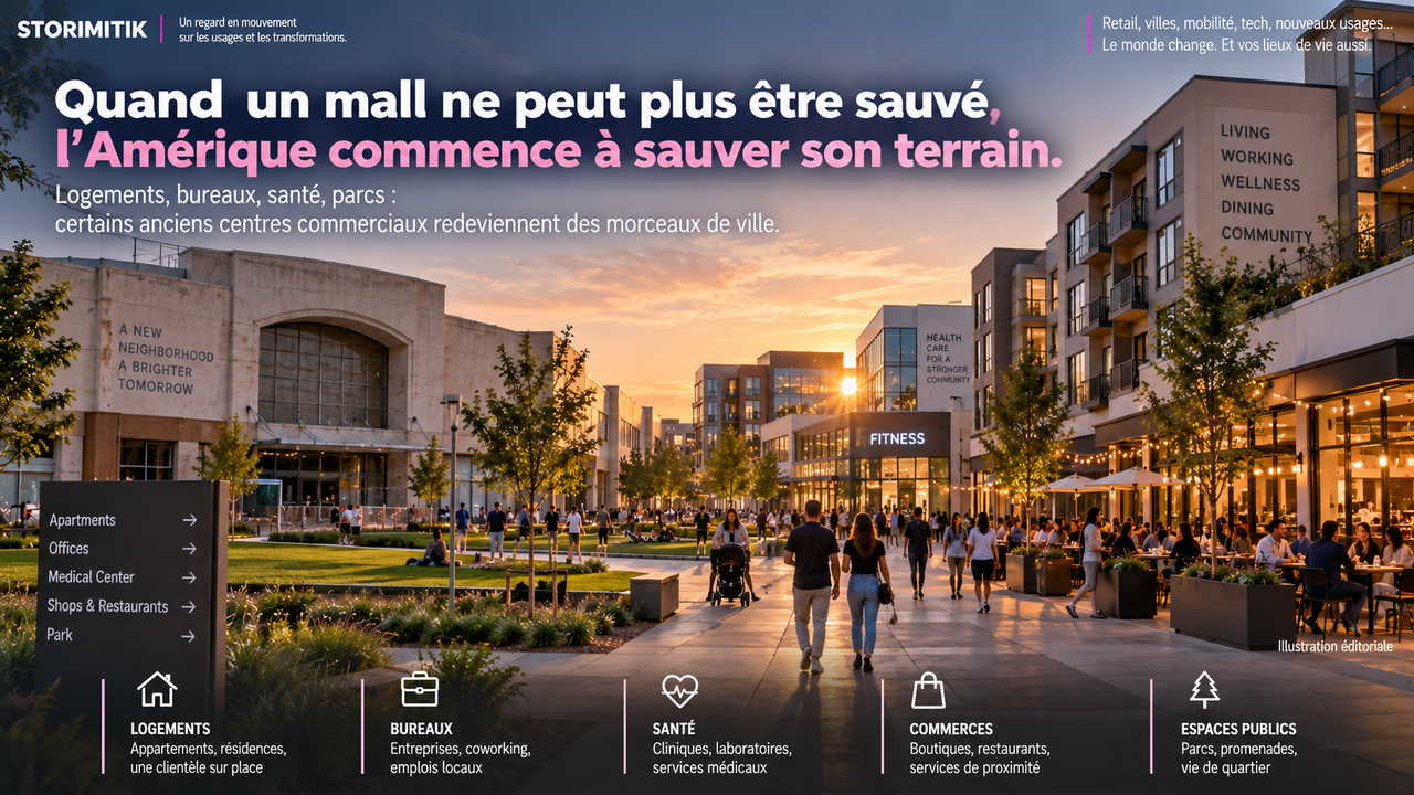 Ancien site de mall américain transformé en quartier mixte avec logements, bureaux, santé, commerces, restaurants et espaces publics.