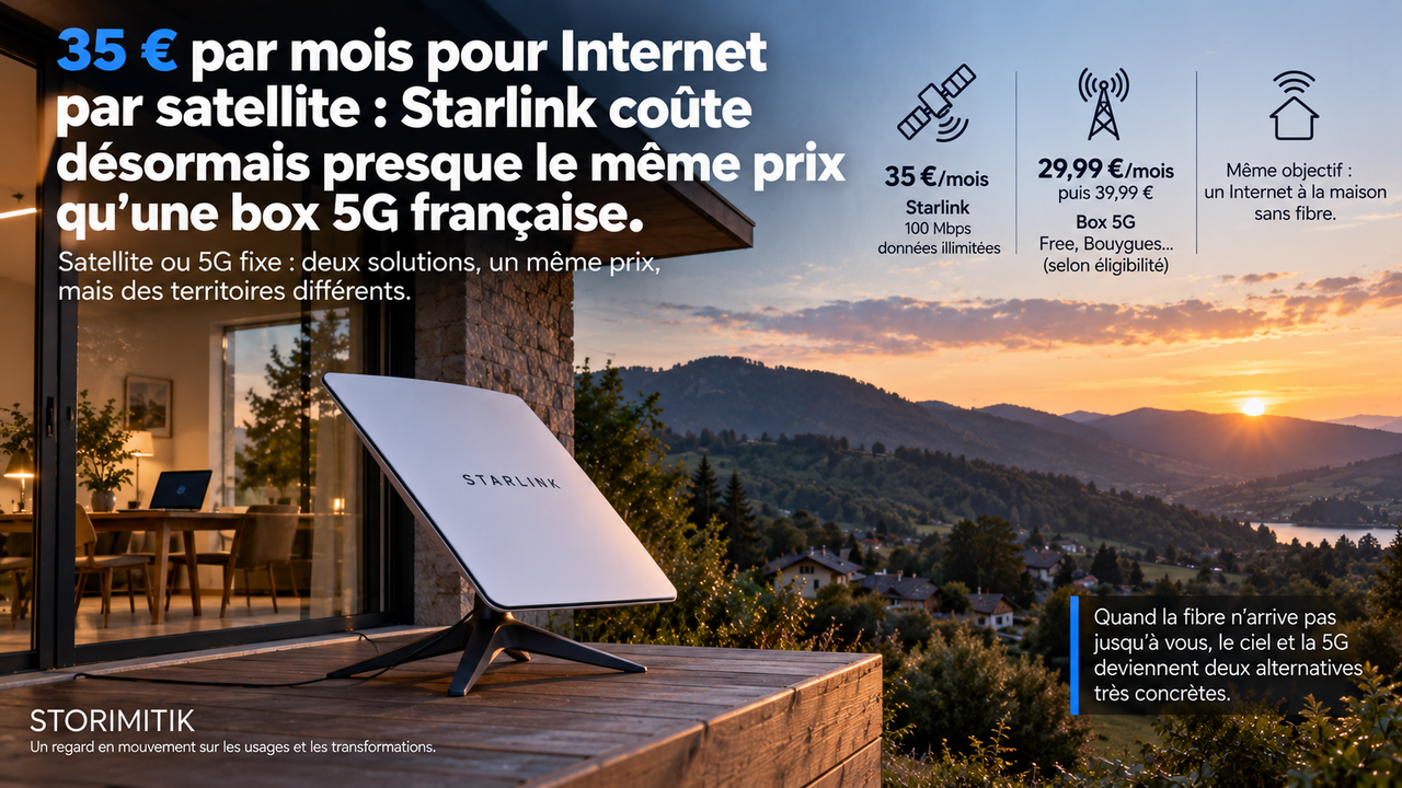 Illustration STORIMITIK comparant Starlink à 35 euros par mois et les box 5G françaises autour de 30 à 40 euros par mois.