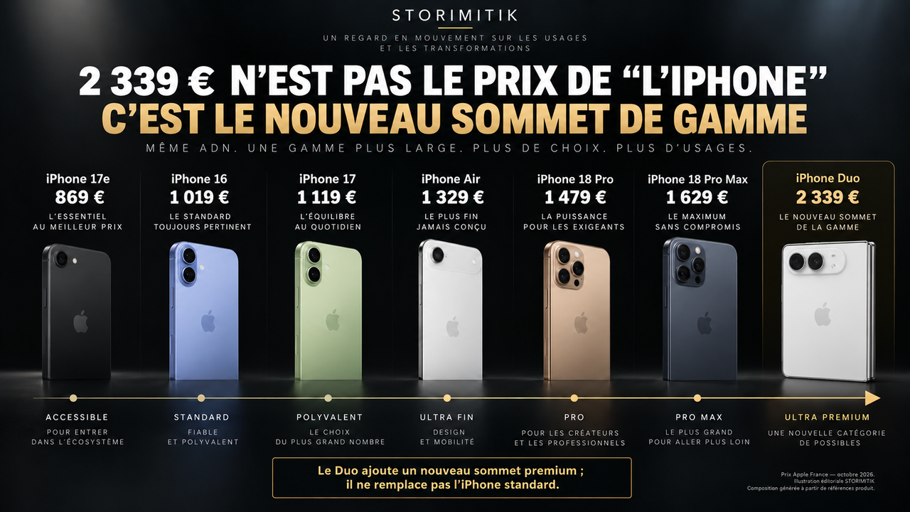 Illustration éditoriale STORIMITIK montrant l’échelle de prix de la gamme iPhone en France en octobre 2026, du 17e au Duo.