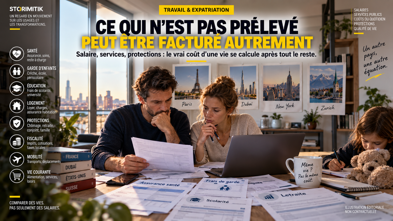 Illustration éditoriale STORIMITIK montrant un foyer comparant santé, garde d’enfants, école, logement, fiscalité et protections avant une expatriation.