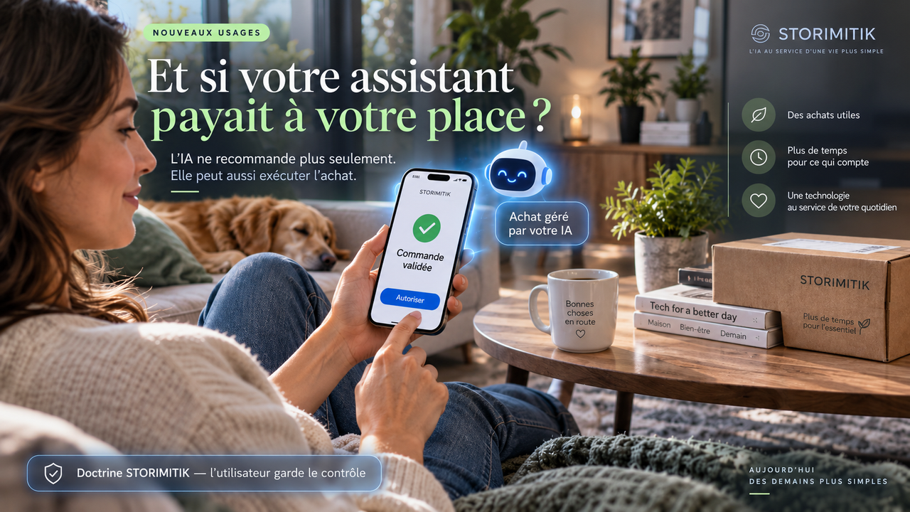 Personne utilisant un assistant IA illustratif pour préparer un achat en ligne depuis son smartphone.