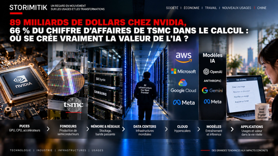 Illustration éditoriale STORIMITIK de la chaîne de valeur économique de l’intelligence artificielle, des puces aux applications.