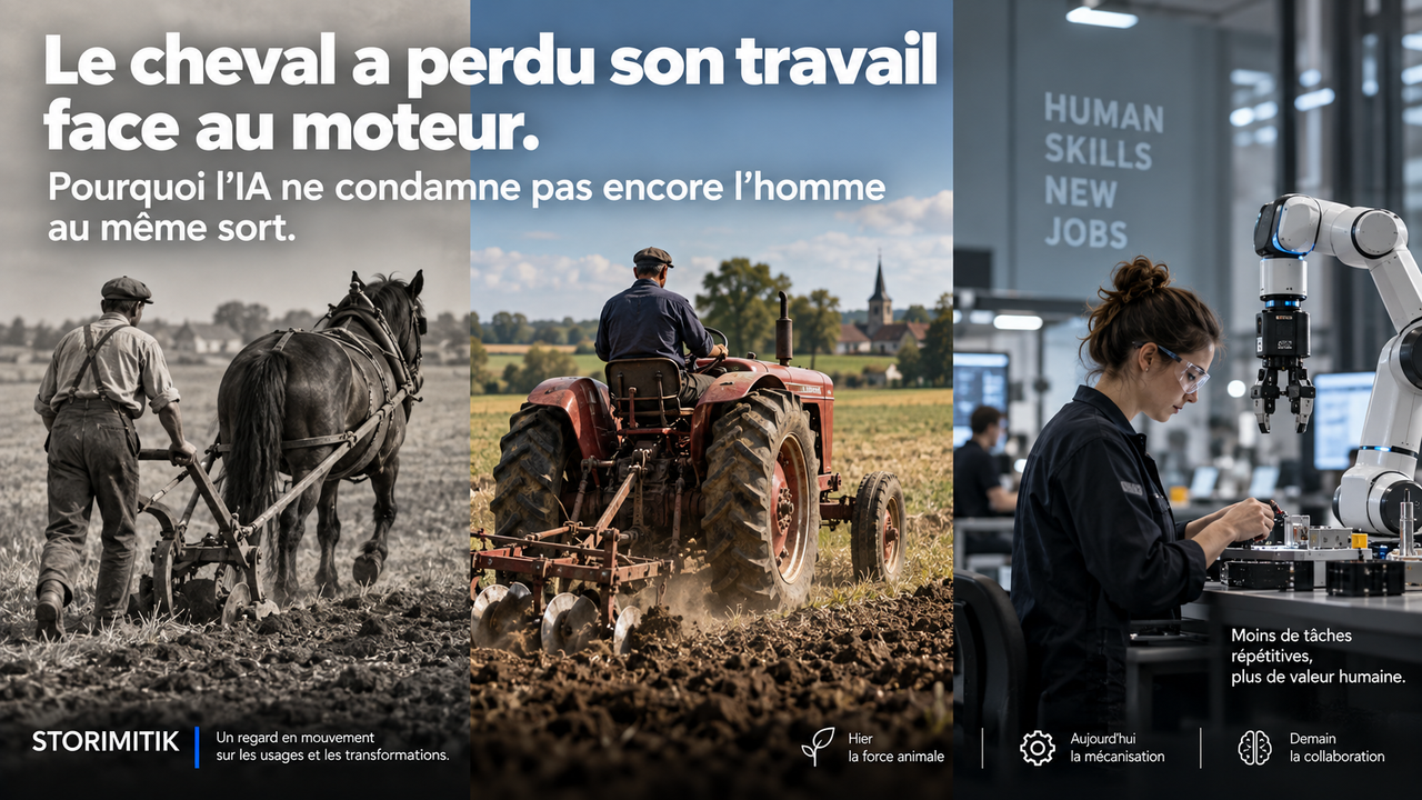 Triptyque STORIMITIK montrant un cheval de trait, un tracteur et une travailleuse contemporaine utilisant des technologies d’intelligence artificielle.