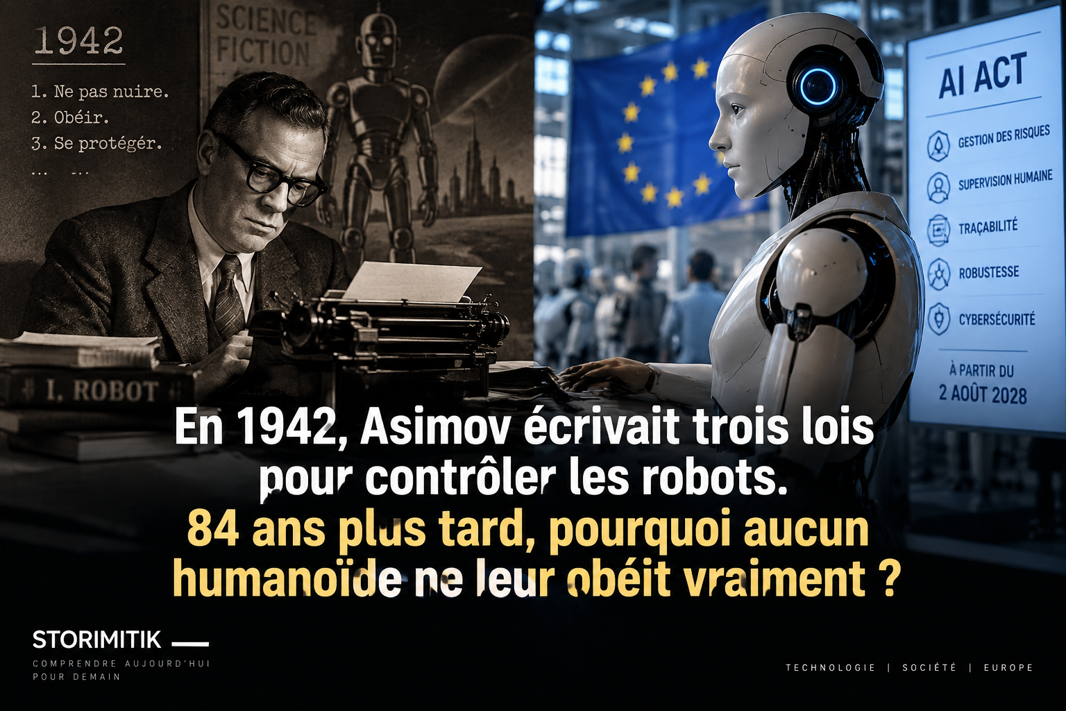Illustration STORIMITIK opposant les lois de la robotique imaginées par Isaac Asimov en 1942 aux mécanismes modernes de sécurité de l’IA et des robots.