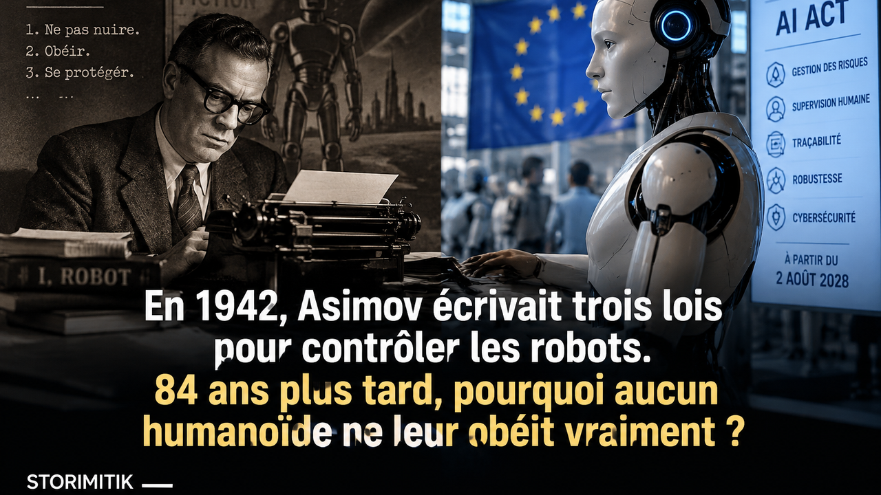 Illustration STORIMITIK opposant les lois de la robotique imaginées par Isaac Asimov en 1942 aux mécanismes modernes de sécurité de l’IA et des robots.