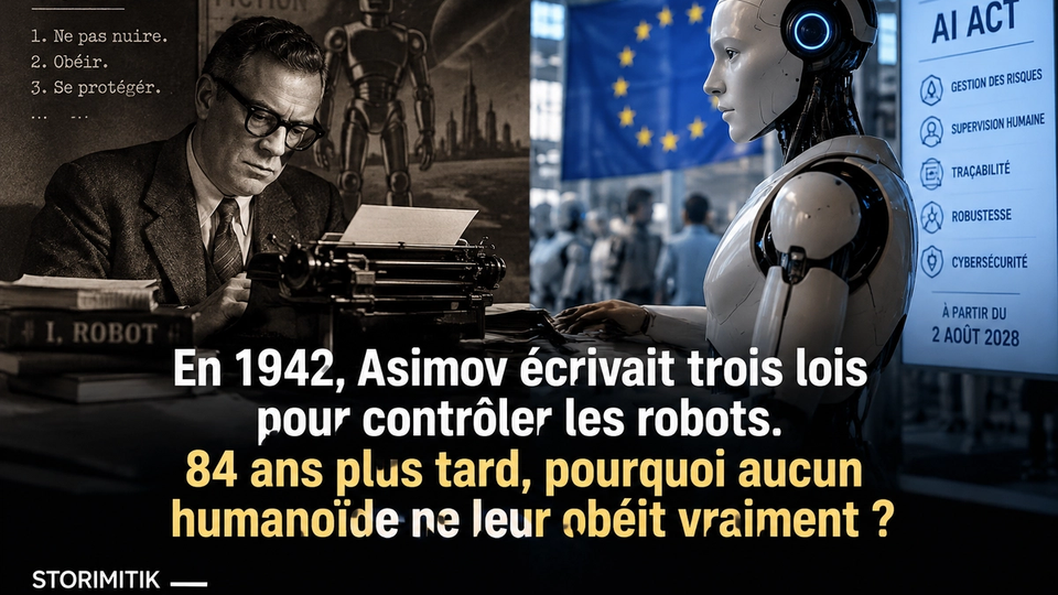 Illustration STORIMITIK opposant les lois de la robotique imaginées par Isaac Asimov en 1942 aux mécanismes modernes de sécurité de l’IA et des robots.