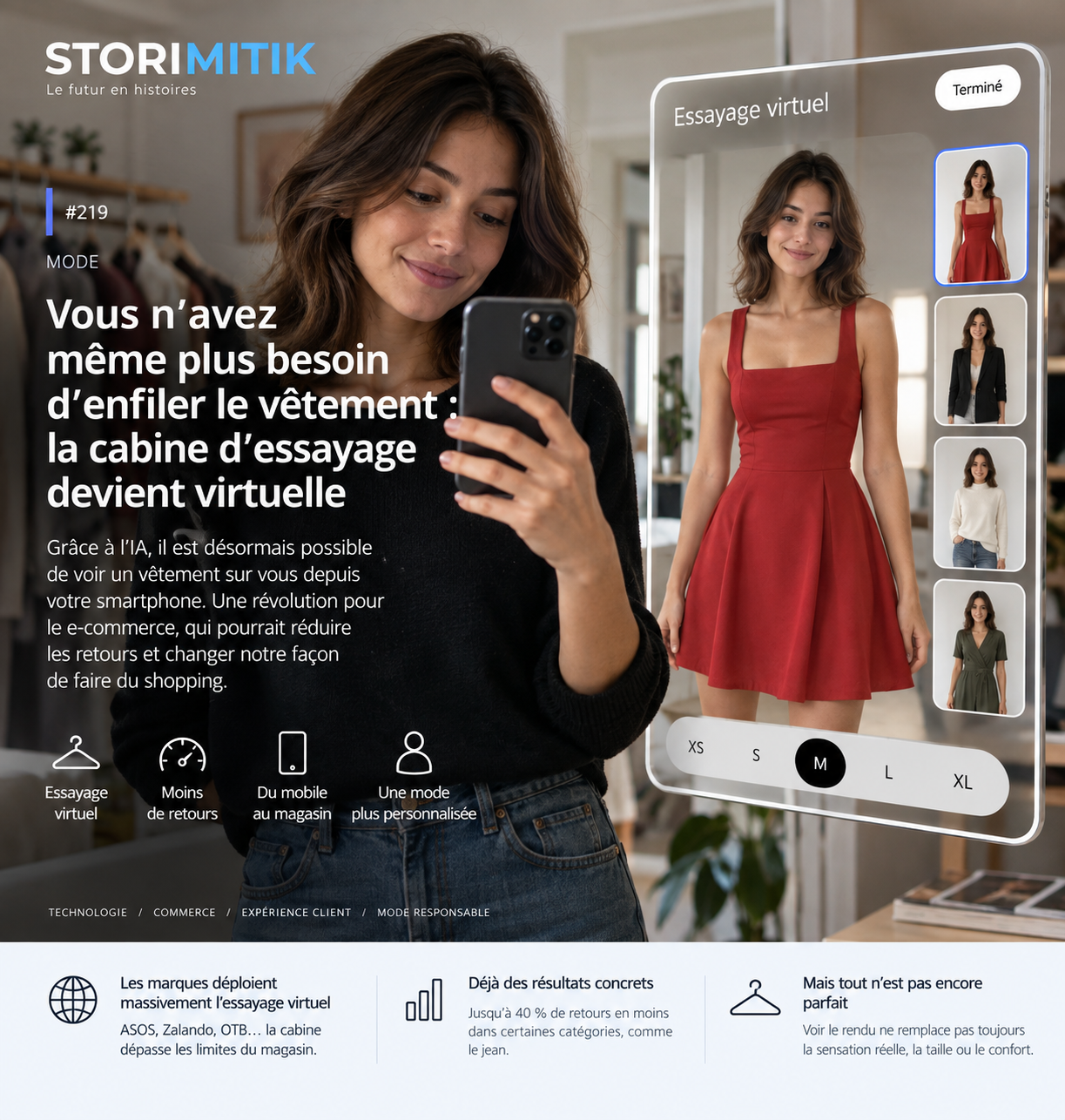 Visuel éditorial STORIMITIK consacré à l’essayage virtuel de vêtements par intelligence artificielle.