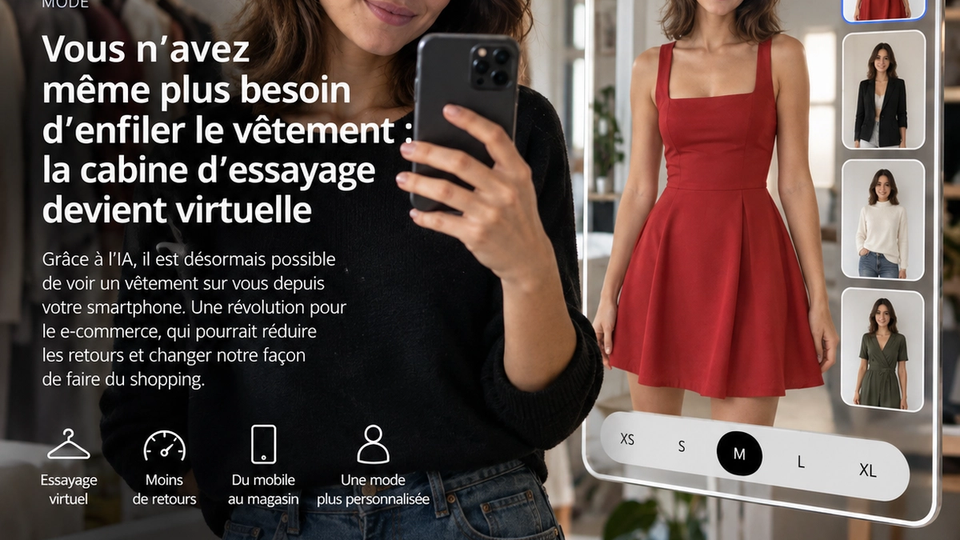 Visuel éditorial STORIMITIK consacré à l’essayage virtuel de vêtements par intelligence artificielle.