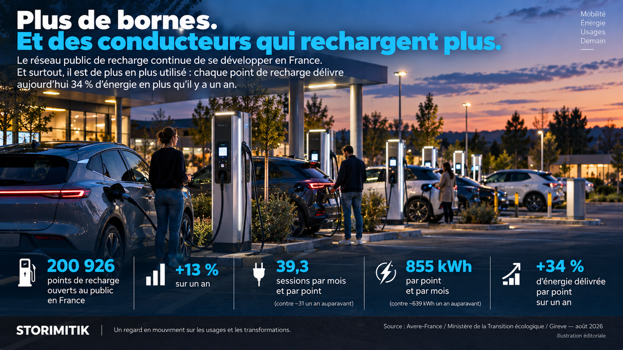 Station de recharge électrique très fréquentée avec les indicateurs d’usage du réseau français.