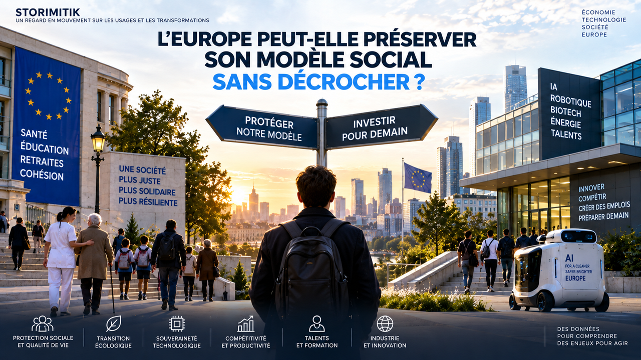 Illustration STORIMITIK mettant en scène le choix européen entre protection du modèle social et investissement dans l’innovation, les compétences et l’industrie.