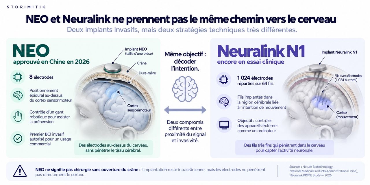 Comparatif entre NEO et Neuralink N1 : NEO utilise huit électrodes en position épidurale au-dessus du cortex, tandis que Neuralink N1 utilise 1 024 électrodes réparties sur 64 fils implantés dans la région cérébrale ciblée.