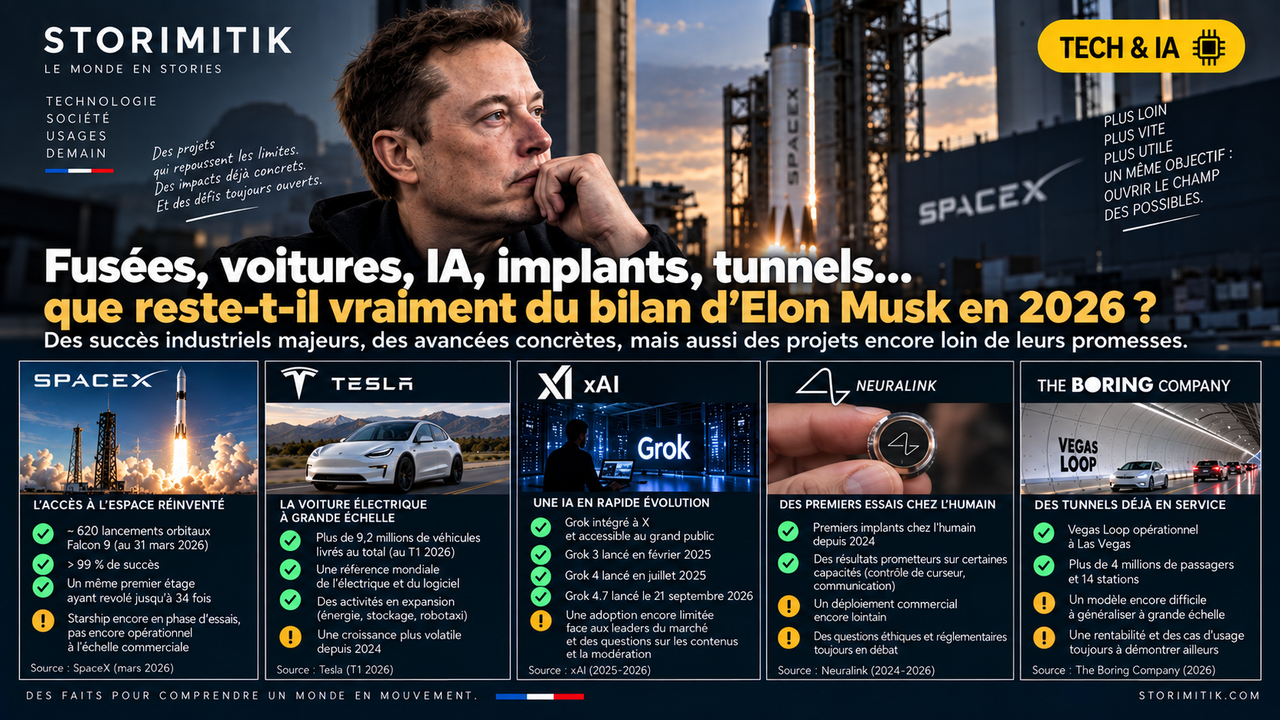 Infographie STORIMITIK présentant SpaceX, Tesla, xAI/Grok, Neuralink et The Boring Company avec leurs réalisations et les principaux points restant à démontrer en 2026.