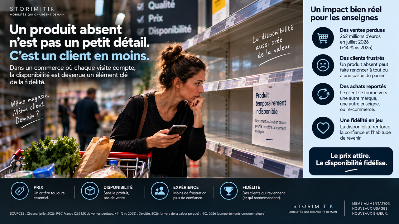 Illustration éditoriale montrant les conséquences d’un produit indisponible : vente perdue, frustration, substitution et risque pour la fidélité.