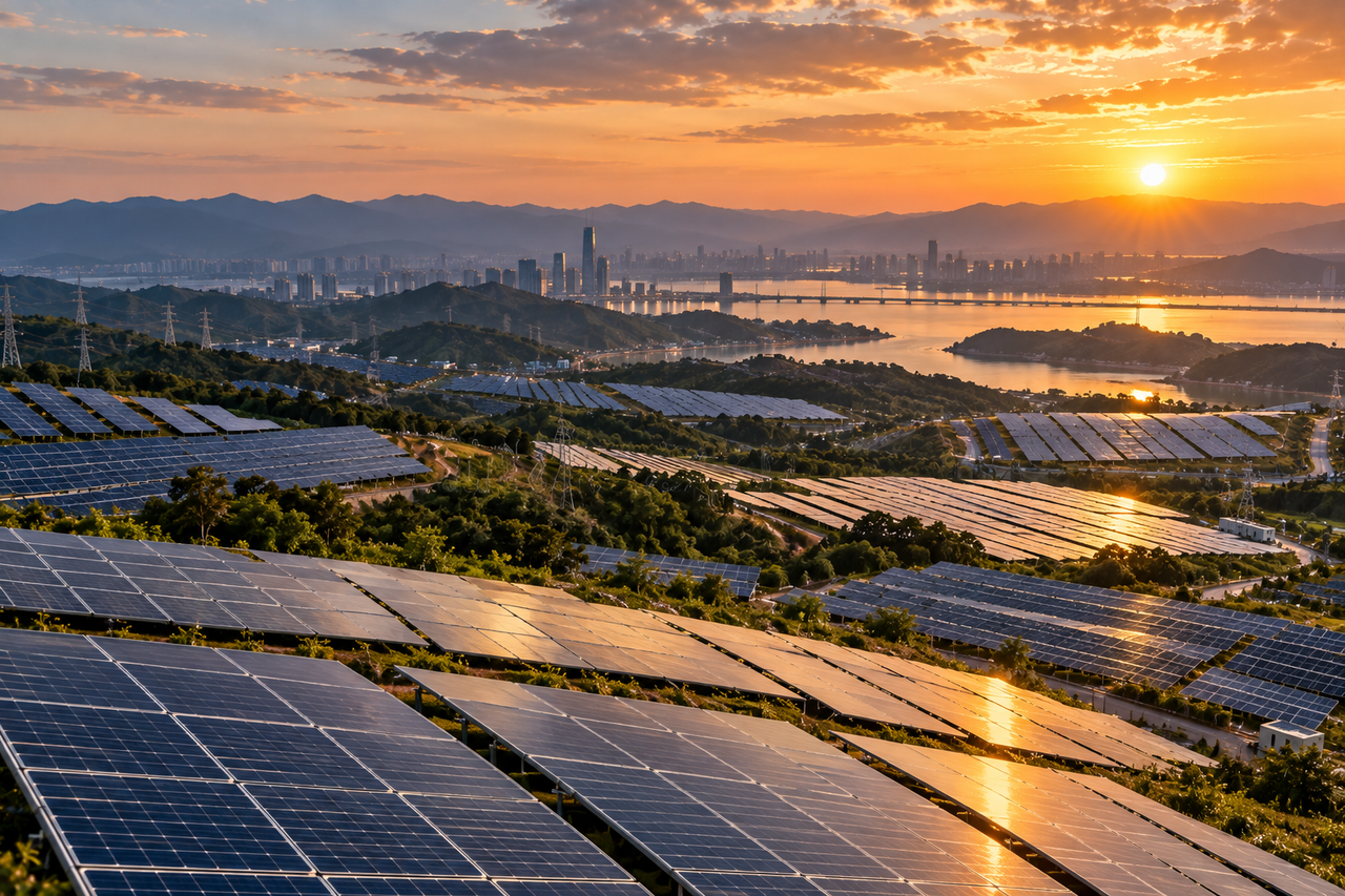 Illustration conceptuelle ultra-réaliste d’une immense ferme solaire dans un paysage chinois au coucher du soleil.