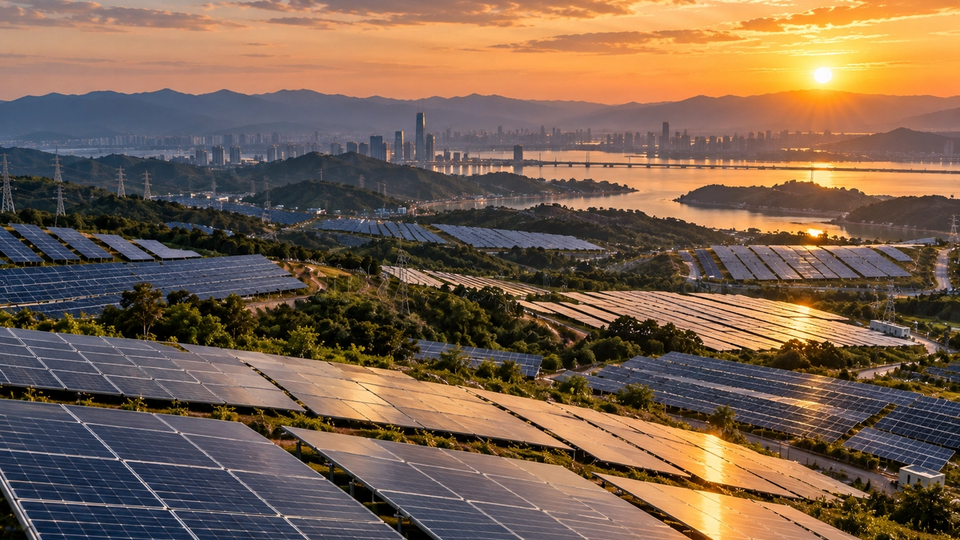 Illustration conceptuelle ultra-réaliste d’une immense ferme solaire dans un paysage chinois au coucher du soleil.