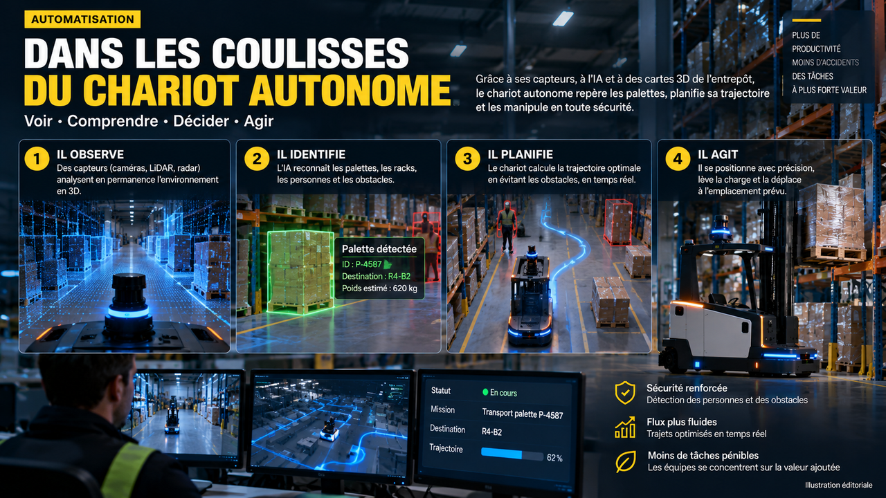 Illustration éditoriale STORIMITIK montrant les étapes de perception, identification, planification et action d’un chariot autonome dans un entrepôt.