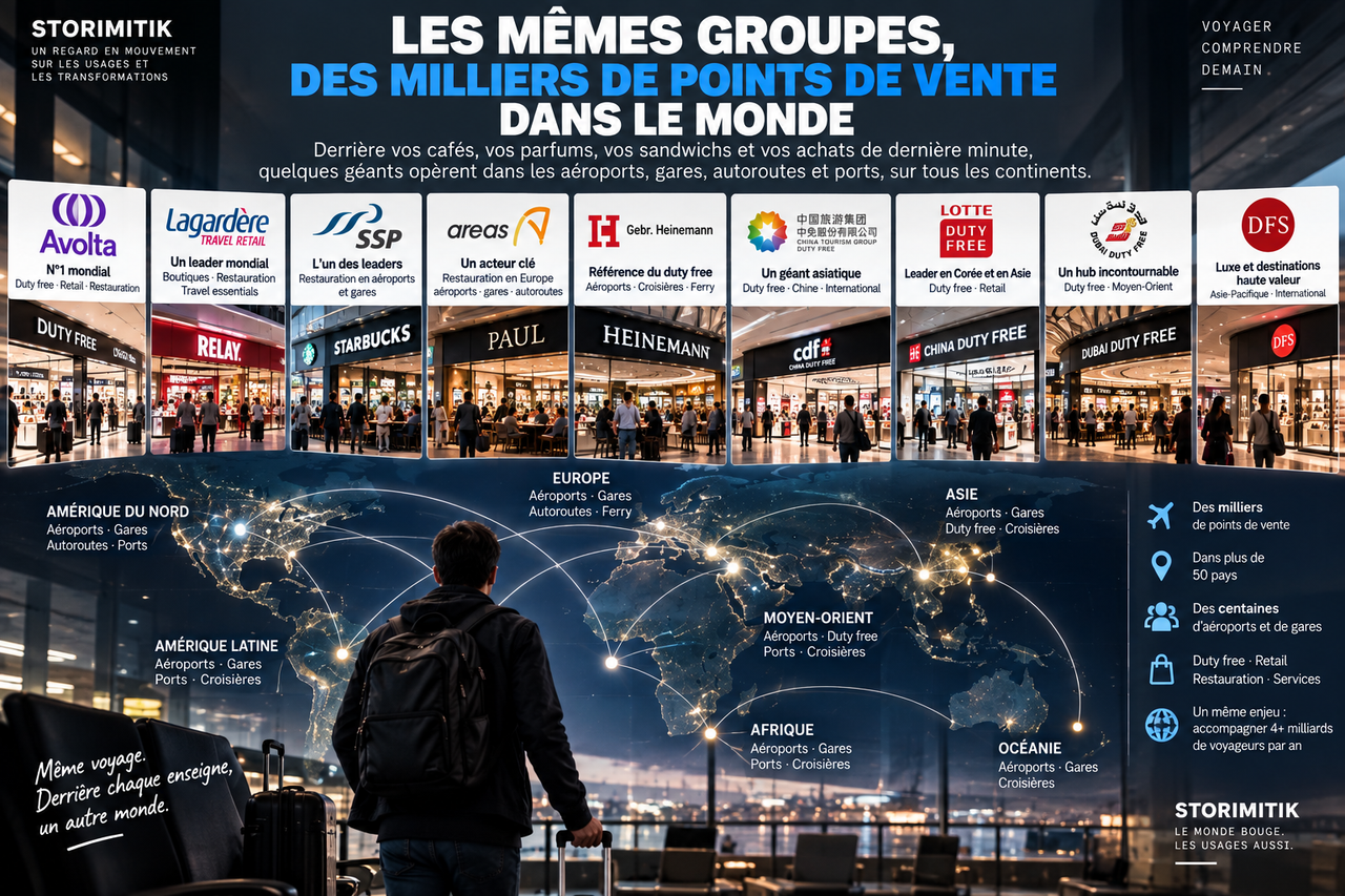 Carte éditoriale STORIMITIK des grands opérateurs mondiaux du travel retail et de leurs principaux territoires.