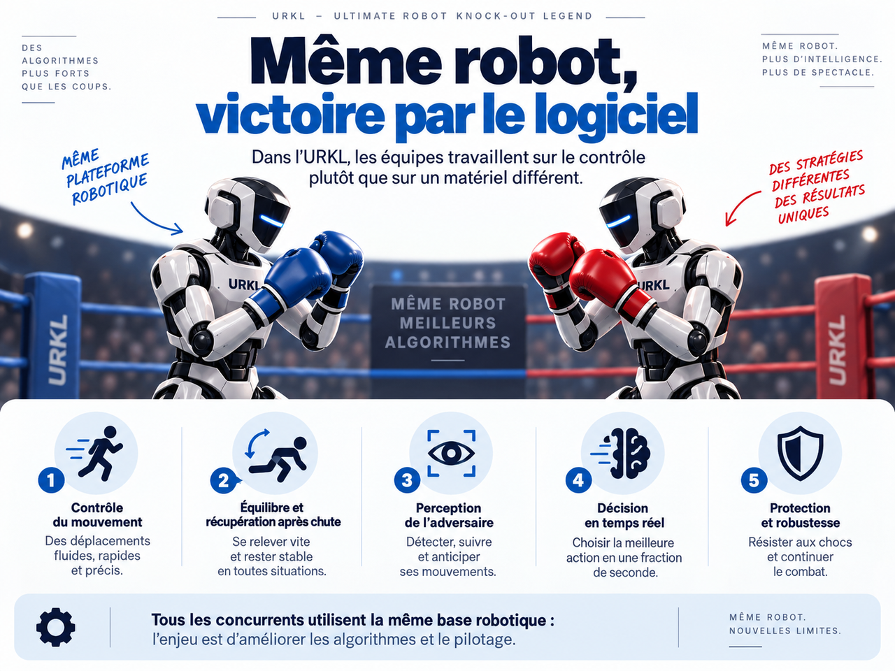 Infographie expliquant que les équipes de l’URKL utilisent la même plateforme robotique T800 et se différencient par le contrôle du mouvement, l’équilibre, la perception, la décision en temps réel et la robustesse.