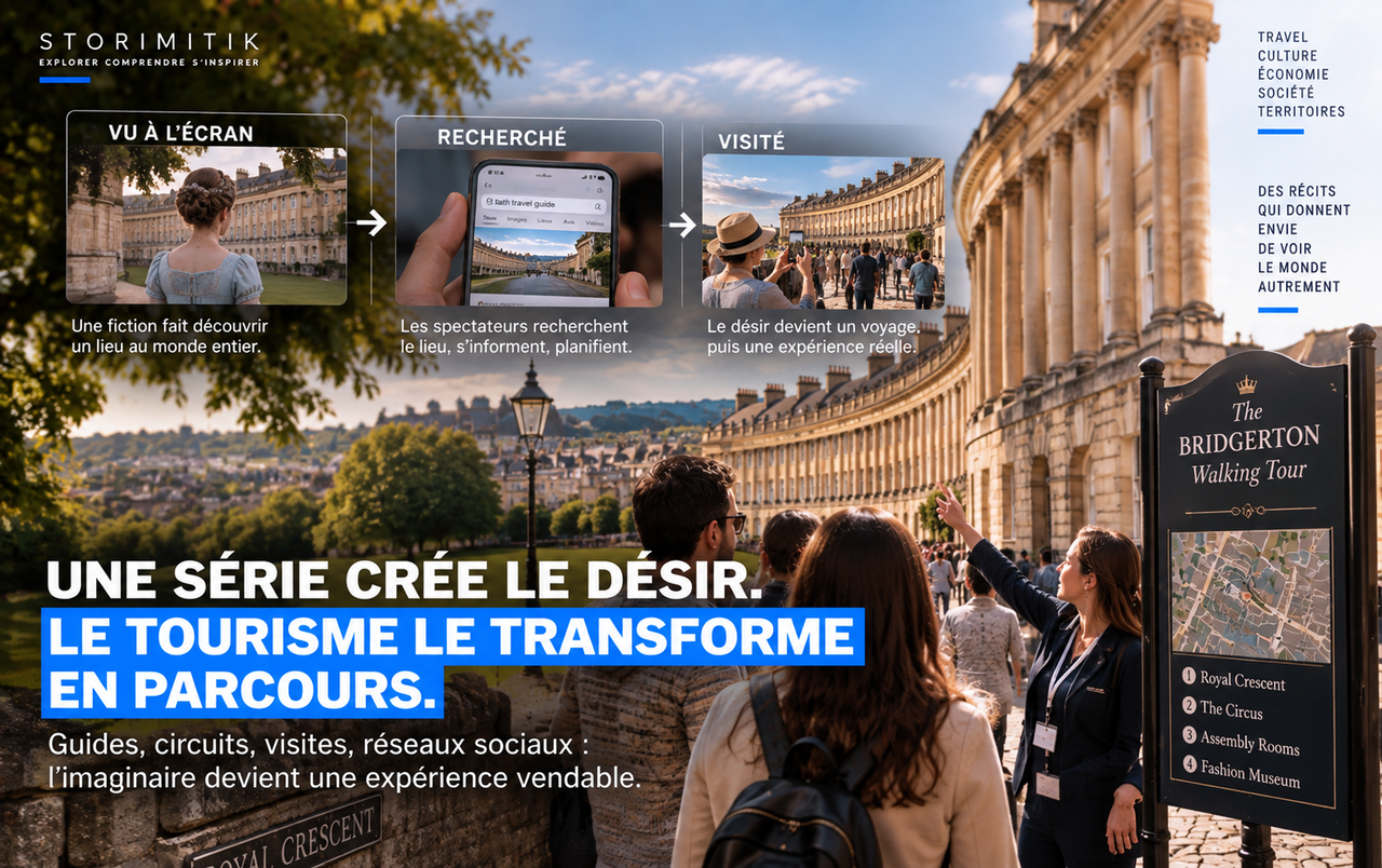 Visiteurs à Bath suivant un parcours inspiré d’une fiction, depuis la découverte à l’écran jusqu’à la visite réelle du lieu.