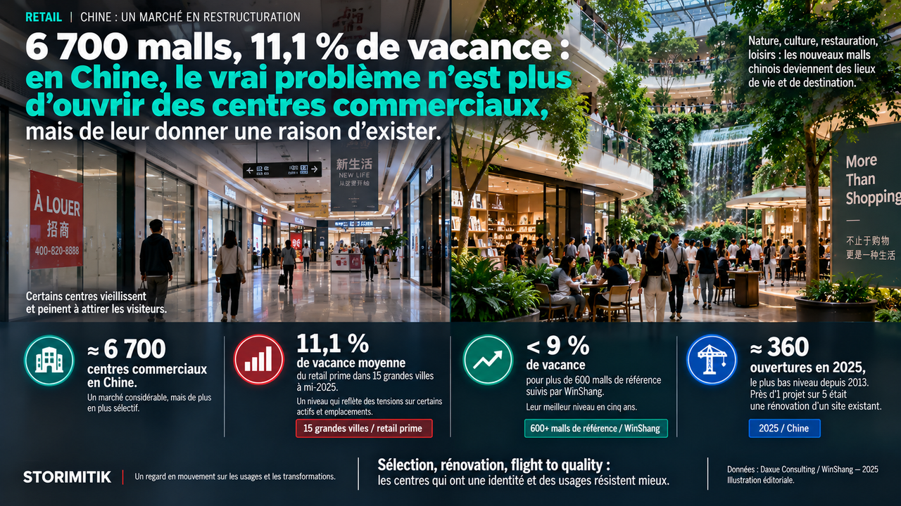 Comparaison éditoriale entre un centre commercial vieillissant et un mall chinois rénové et animé, avec données de vacance et d’ouvertures.