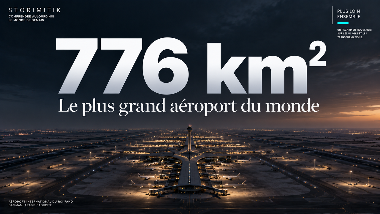 Illustration éditoriale STORIMITIK montrant 776 km², l’emprise de l’aéroport international du roi Fahd à Dammam.