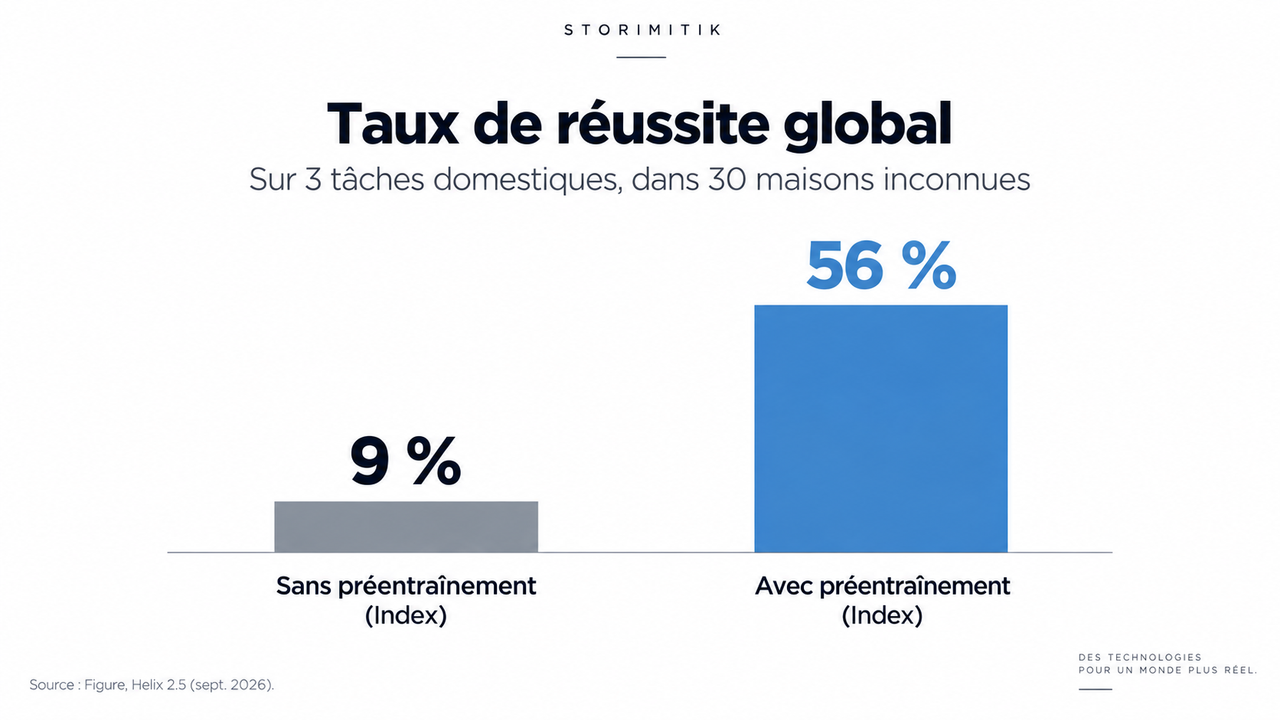 Graphique comparant 9 % de réussite sans préentraînement Index à 56 % avec préentraînement Index dans 30 logements inconnus.