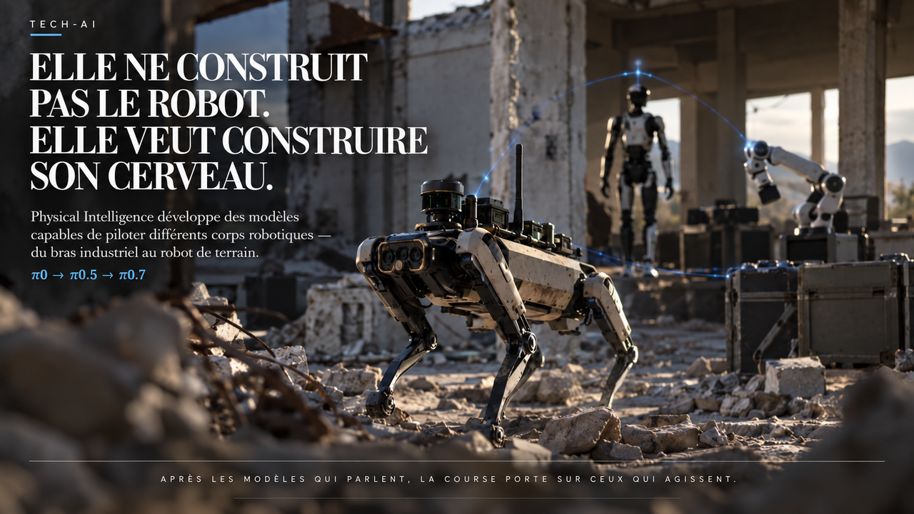 Illustration éditoriale STORIMITIK montrant un robot quadrupède en environnement complexe pour symboliser un cerveau robotique généraliste capable de piloter différents corps.