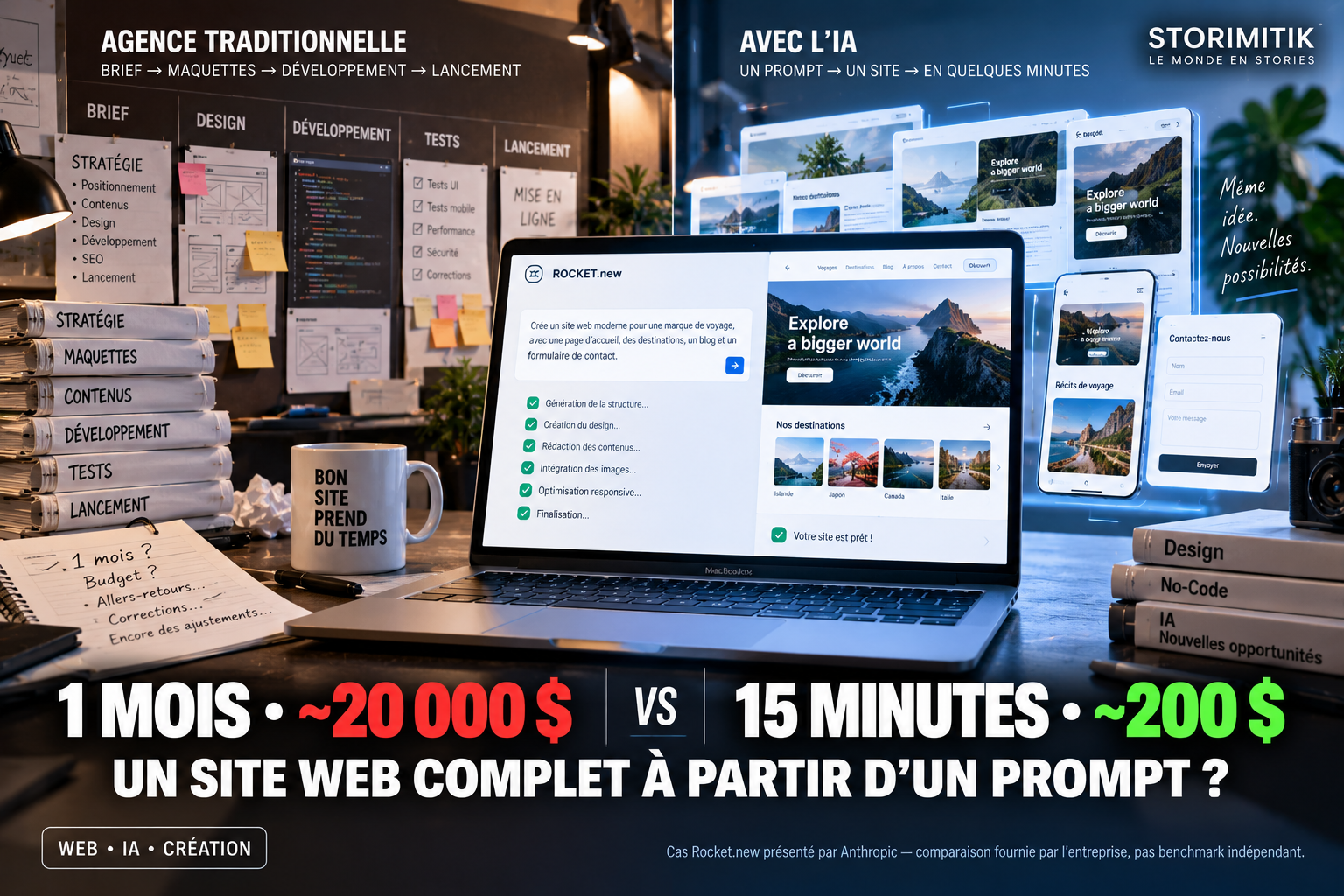 Illustration STORIMITIK comparant un projet web traditionnel d’environ un mois et 20 000 dollars au cas Rocket.new d’environ 15 minutes et 200 dollars.