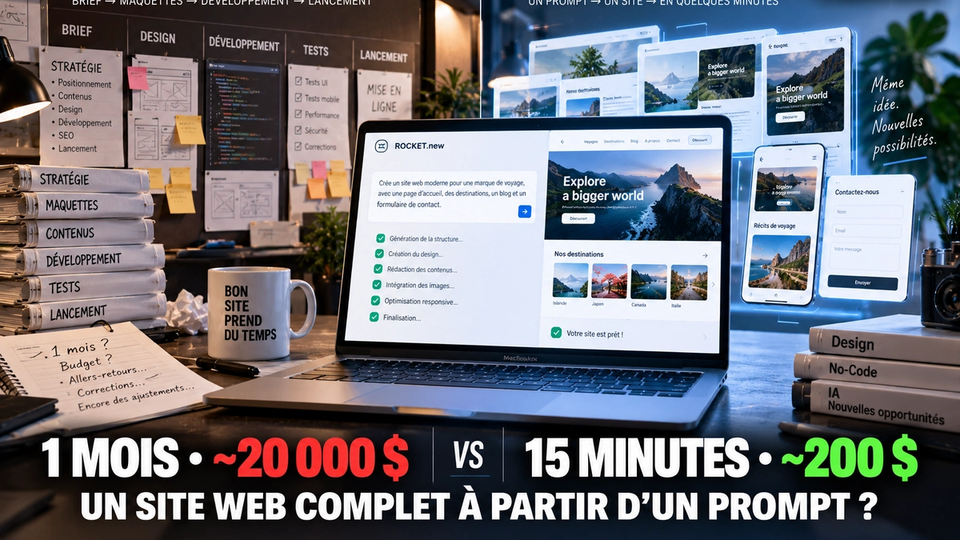 Illustration STORIMITIK comparant un projet web traditionnel d’environ un mois et 20 000 dollars au cas Rocket.new d’environ 15 minutes et 200 dollars.