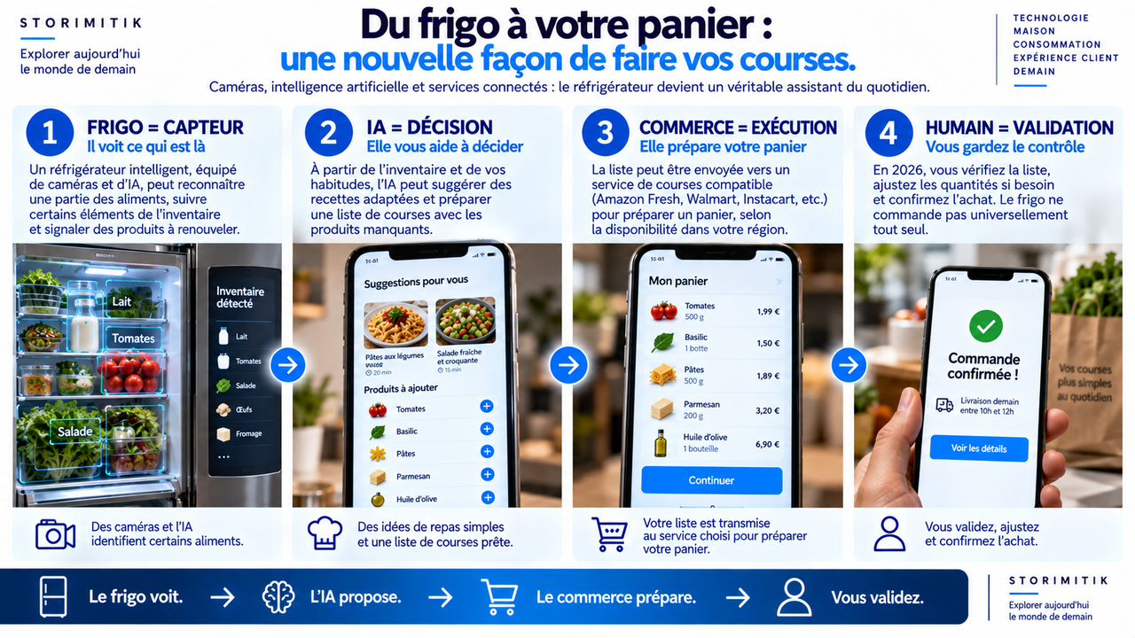 Infographie montrant la convergence entre le réfrigérateur comme capteur, l’IA comme aide à la décision, le commerce comme exécutant et l’humain comme validateur final.