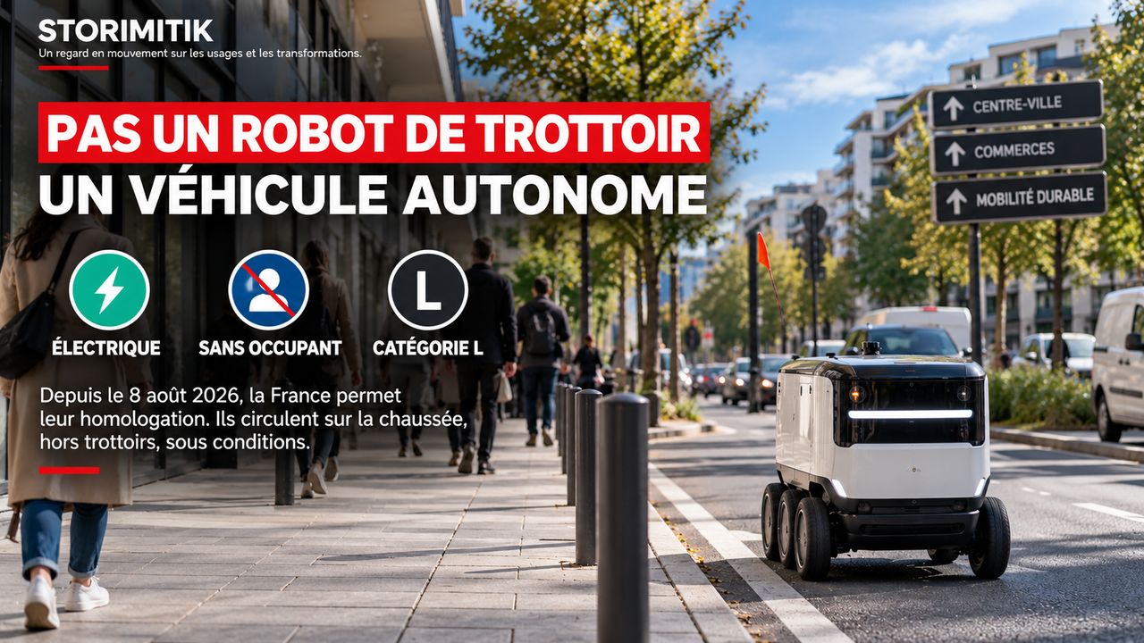Visuel STORIMITIK expliquant que le robot de livraison est juridiquement un véhicule autonome électrique de catégorie L, sans occupant.