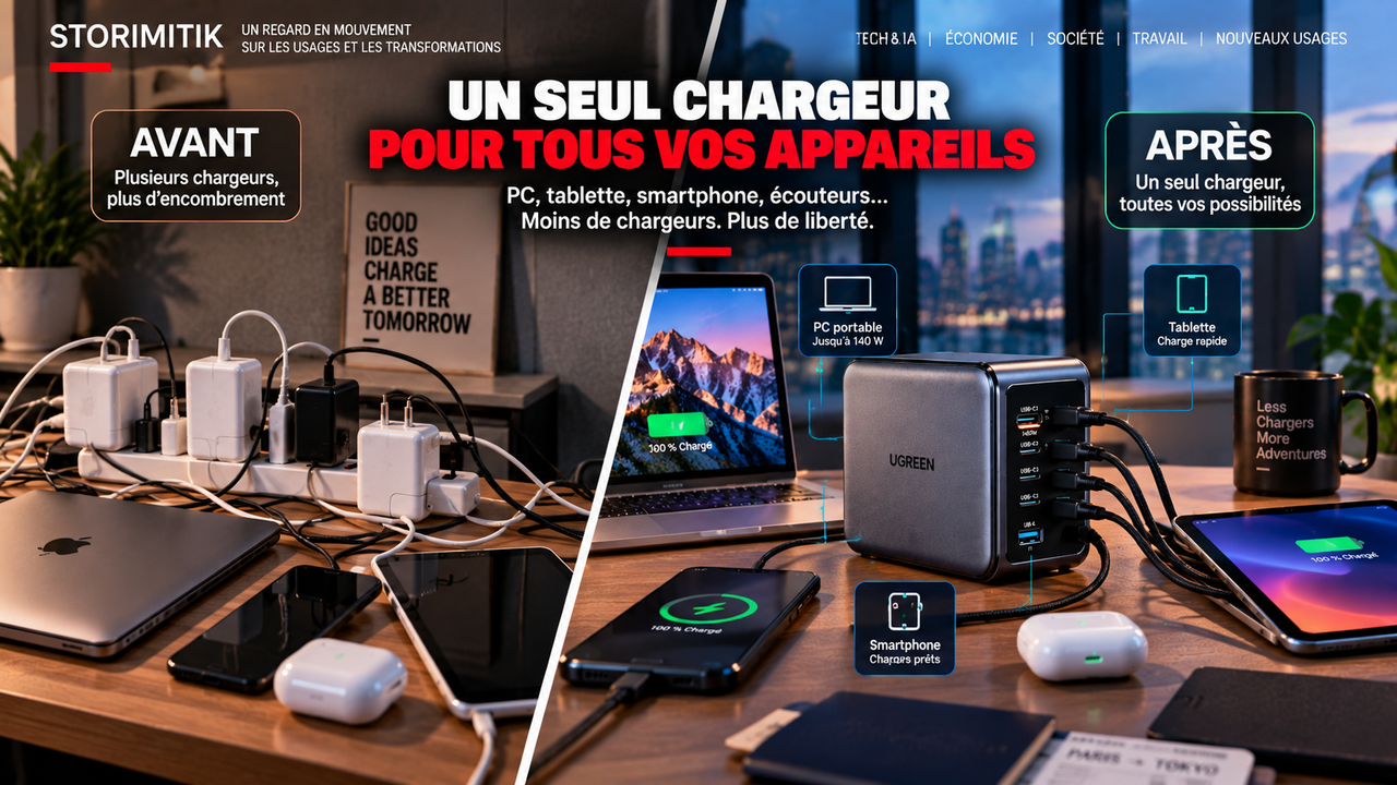 Illustration éditoriale STORIMITIK comparant un bureau encombré de plusieurs chargeurs à une configuration utilisant un seul chargeur multiport pour plusieurs appareils.
