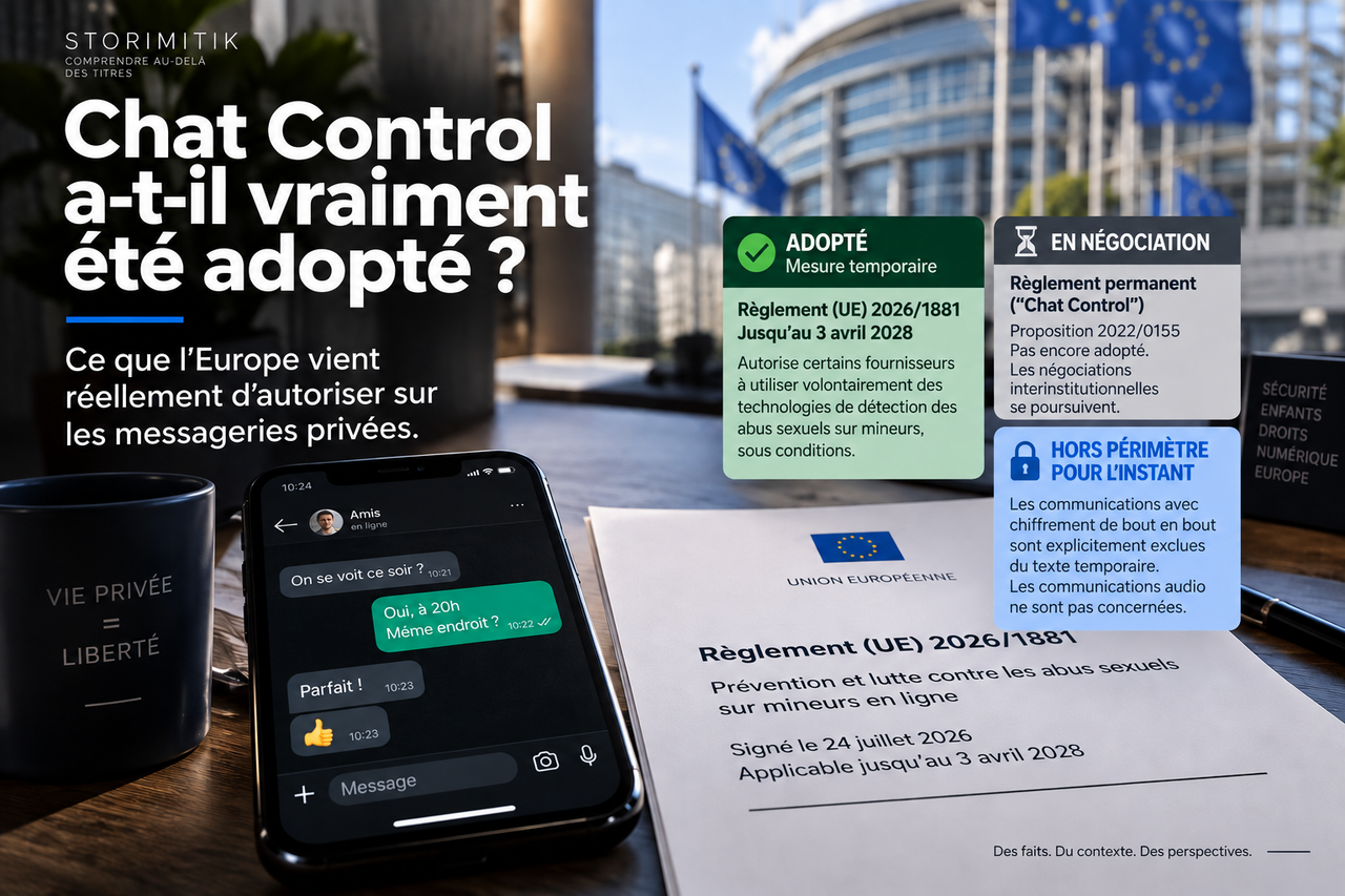 Infographie STORIMITIK distinguant le règlement temporaire adopté jusqu’en 2028 du règlement permanent encore en négociation, avec l’exclusion actuelle du chiffrement de bout en bout et des communications audio.