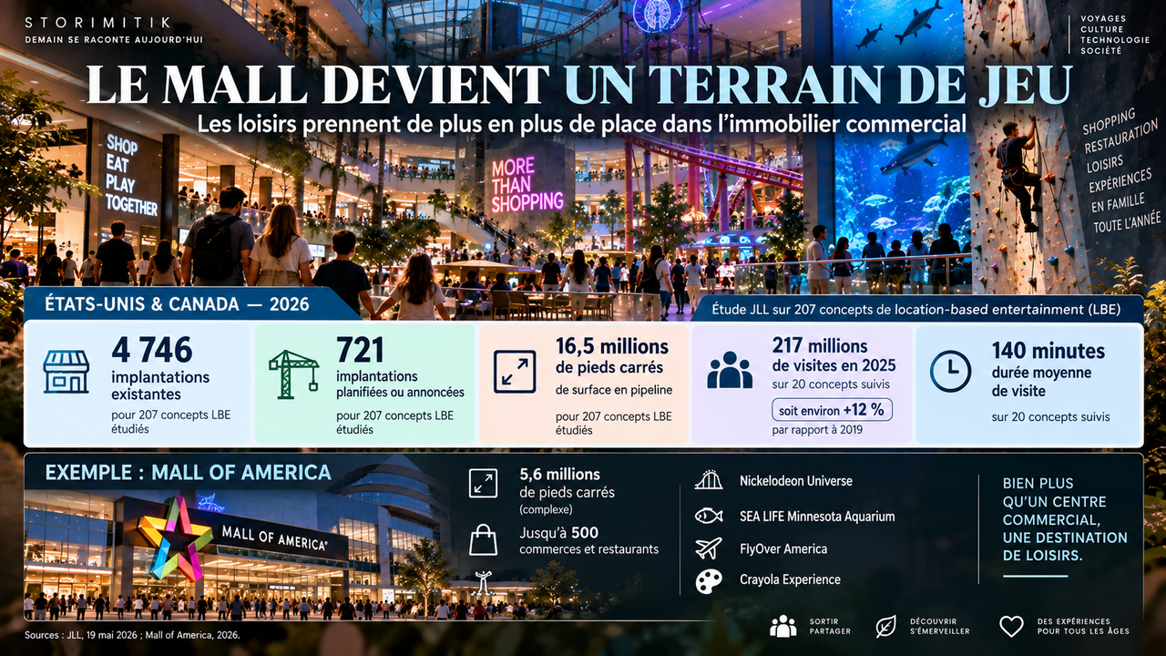 Infographie STORIMITIK sur le location-based entertainment : 4 746 implantations existantes et 721 planifiées ou annoncées parmi 207 concepts étudiés par JLL.