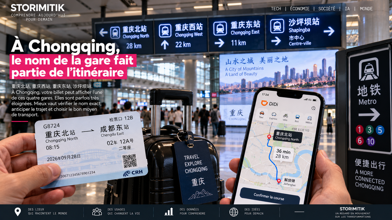 Illustration pratique montrant un billet ferroviaire, le nom chinois d’une gare de Chongqing et un trajet urbain sur smartphone.