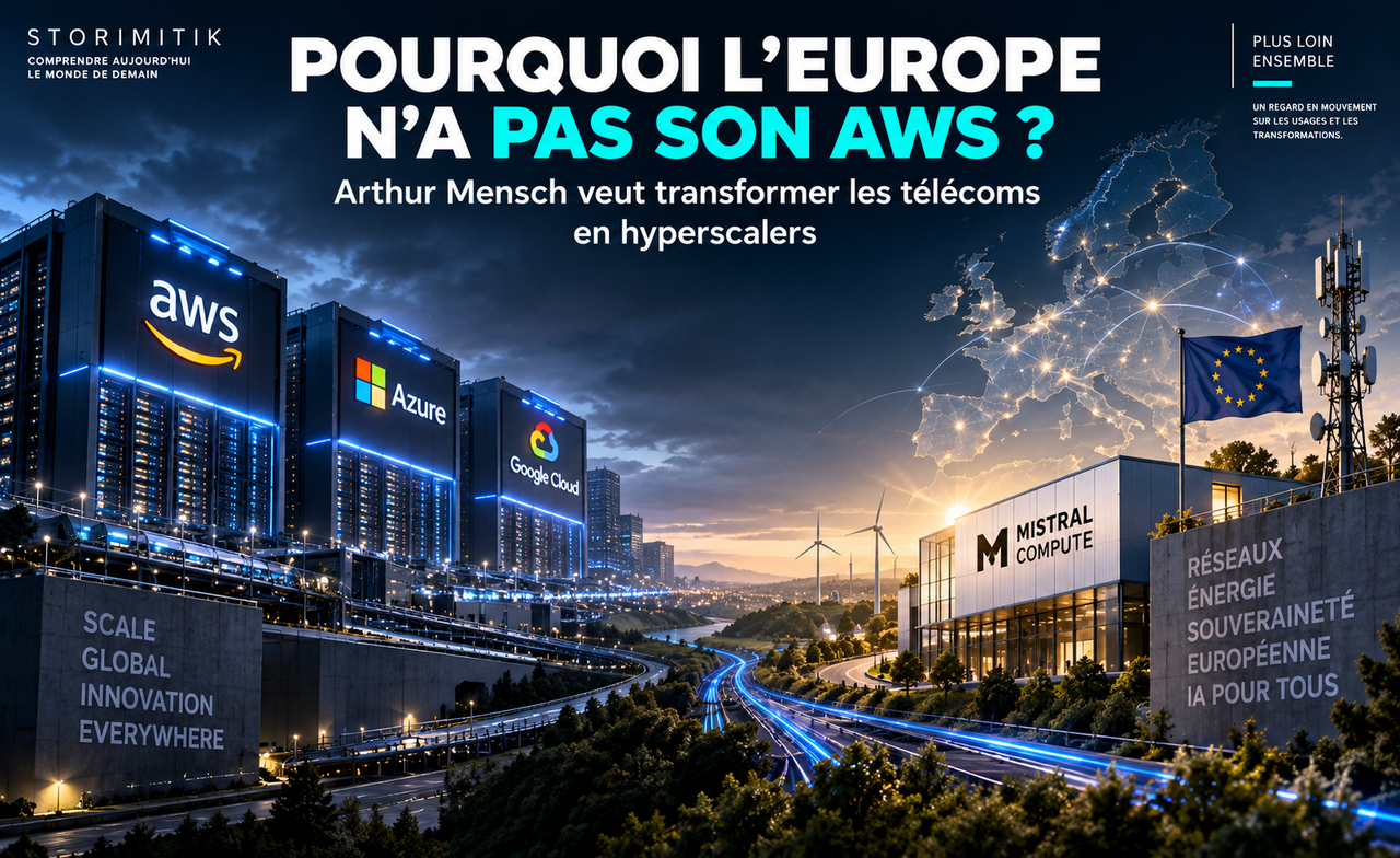 Illustration éditoriale STORIMITIK opposant la puissance des grands hyperscalers américains aux infrastructures télécoms et cloud que l’Europe cherche à renforcer.